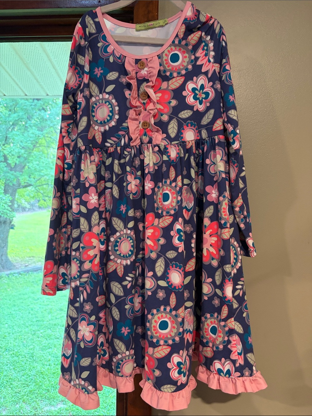 Navy Floral Long-Sleeve Ruffle Dress with Pink Trim - Kids
